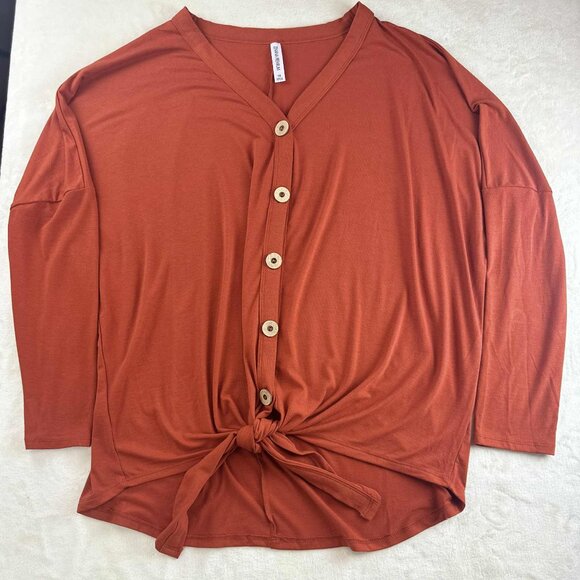 Zenana Premium Button-Down Tie Front Long Sleeve Top - Picture 4 of 16